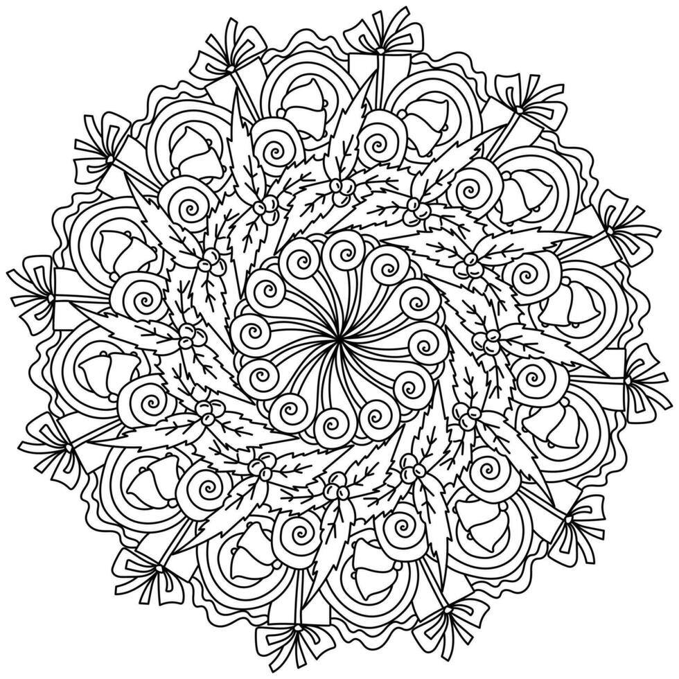 Christmas mandala, meditative coloring page with gift, holly and ornate patterns vector