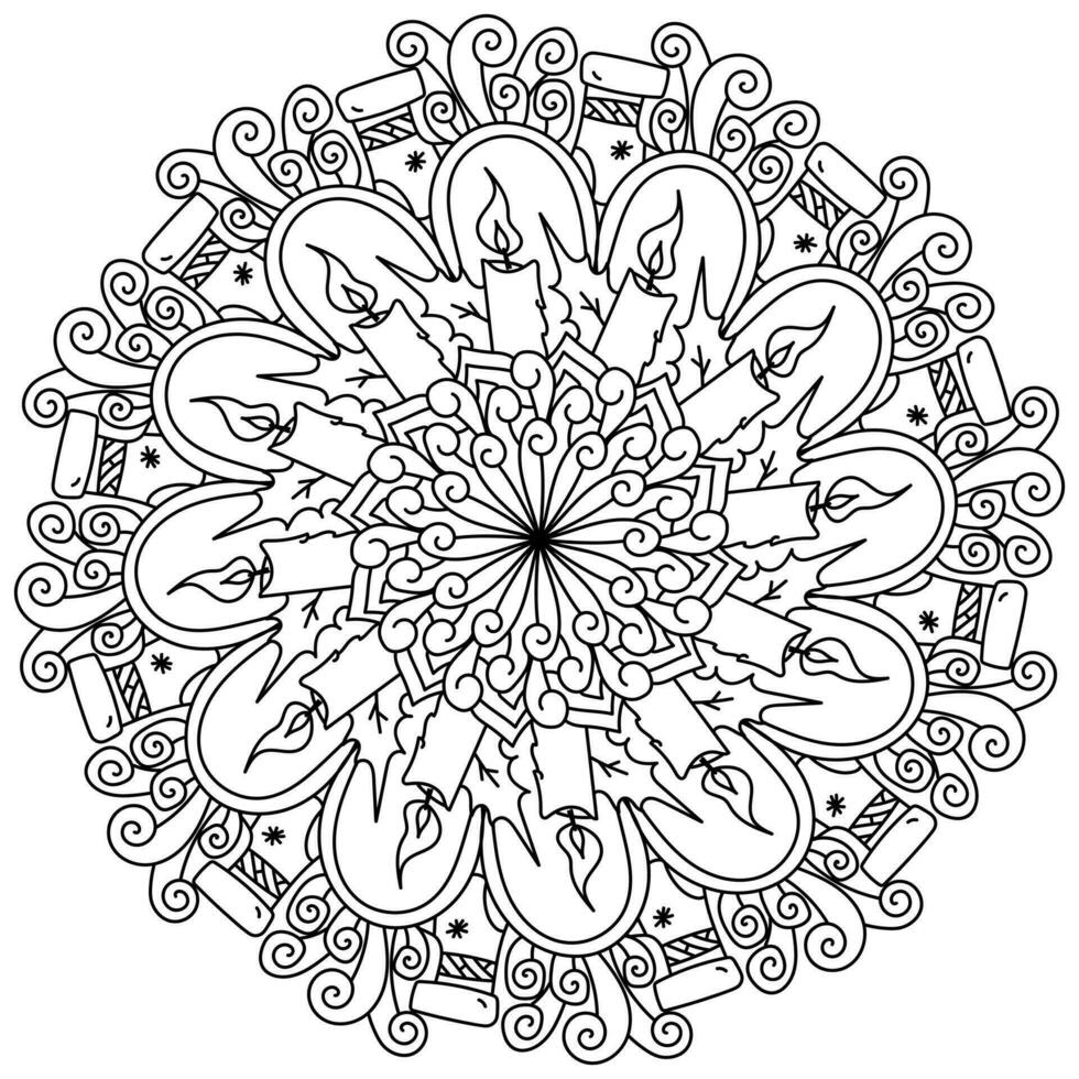 Christmas mandala, meditative coloring page with candle, sock and ornate patterns vector