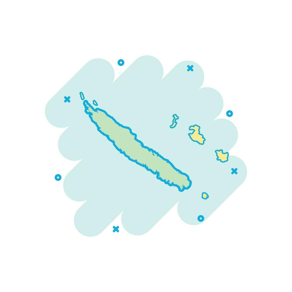 Vector cartoon New Caledonia map icon in comic style. New Caledonia sign illustration pictogram. Cartography map business splash effect concept.