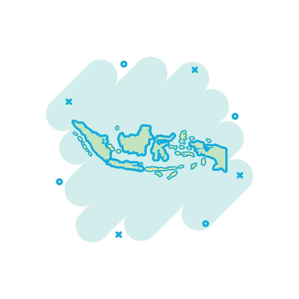 Vector cartoon Indonesia map icon in comic style. Indonesia sign illustration pictogram. Cartography map business splash effect concept.