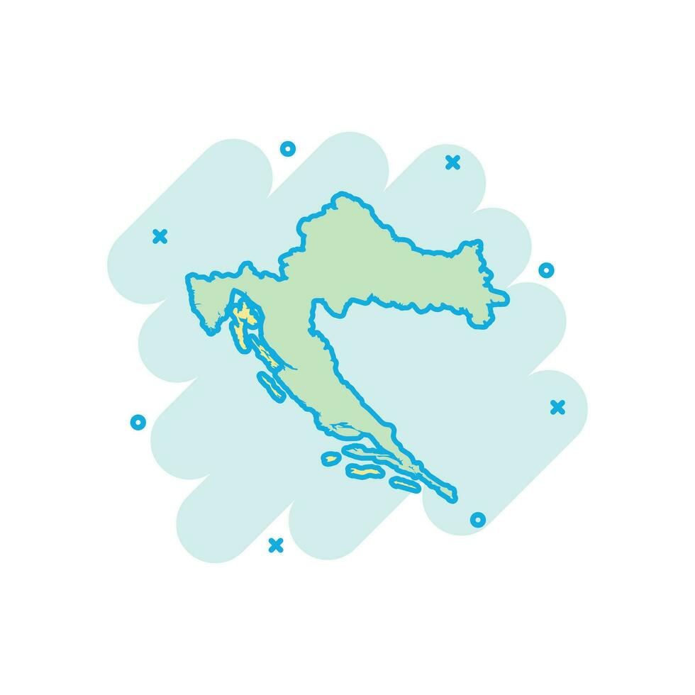 icono de mapa de croacia de dibujos animados vectoriales en estilo cómico. pictograma de ilustración de signo de croacia. concepto de efecto de salpicadura de negocio de mapa de cartografía. vector