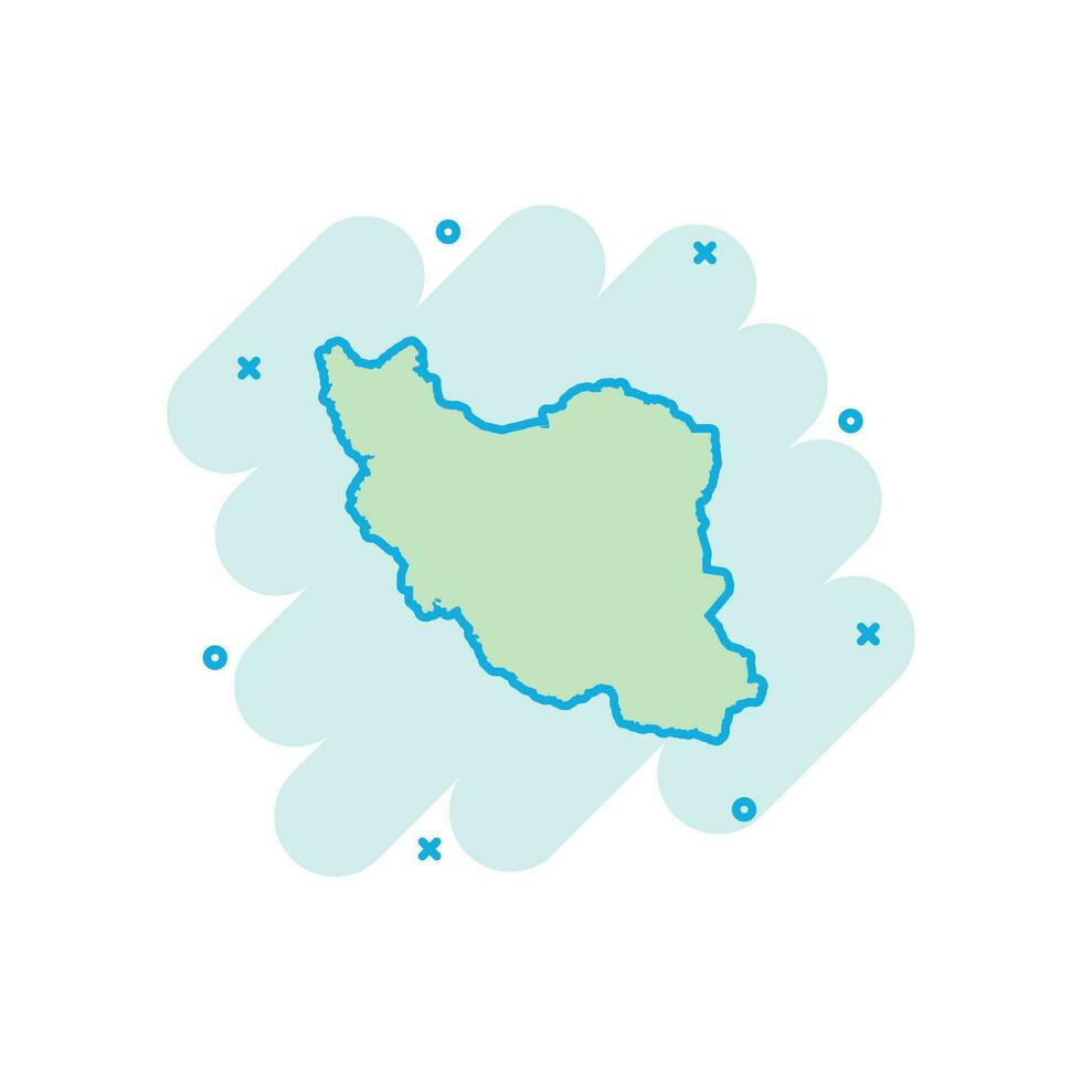 icono de mapa de irán de dibujos animados vectoriales en estilo cómico. pictograma de ilustración de signo de Irán. concepto de efecto de salpicadura de negocio de mapa de cartografía. vector