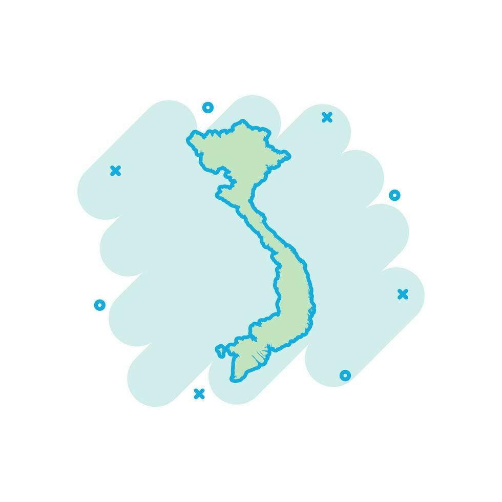 Vector cartoon Vietnam map icon in comic style. Vietnam sign illustration pictogram. Cartography map business splash effect concept.