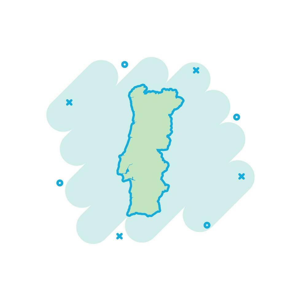 Vector cartoon Portugal map icon in comic style. Portugal sign illustration pictogram. Cartography map business splash effect concept.