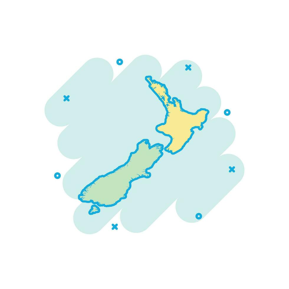 Vector cartoon New Zealand map icon in comic style. New Zealand sign illustration pictogram. Cartography map business splash effect concept.