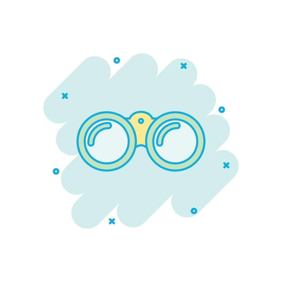 Vector cartoon binocular icon in comic style. Binoculars explore sign illustration pictogram. Binocular business splash effect concept.