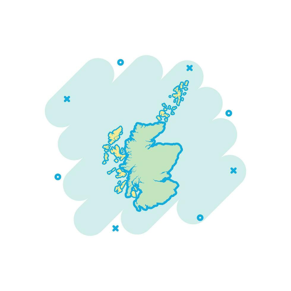 Vector cartoon Scotland map icon in comic style. Scotland sign illustration pictogram. Cartography map business splash effect concept.