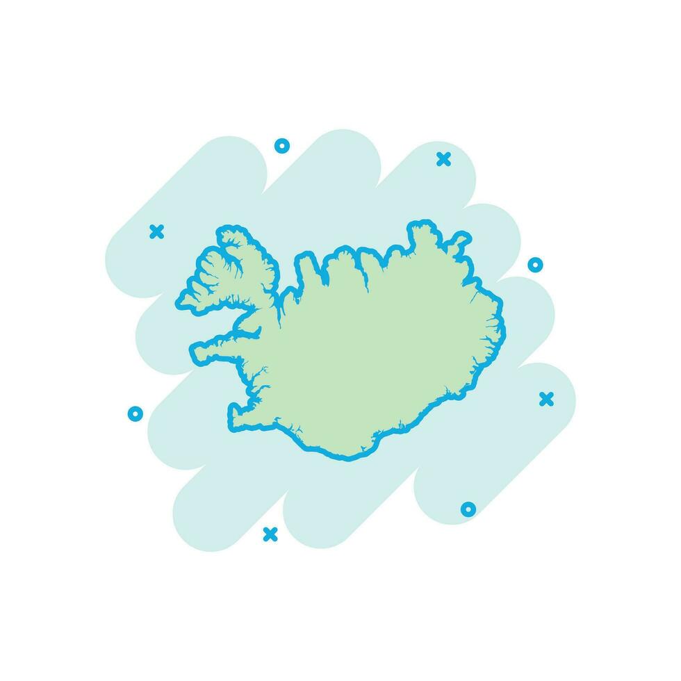 Vector cartoon Iceland map icon in comic style. Iceland sign illustration pictogram. Cartography map business splash effect concept.