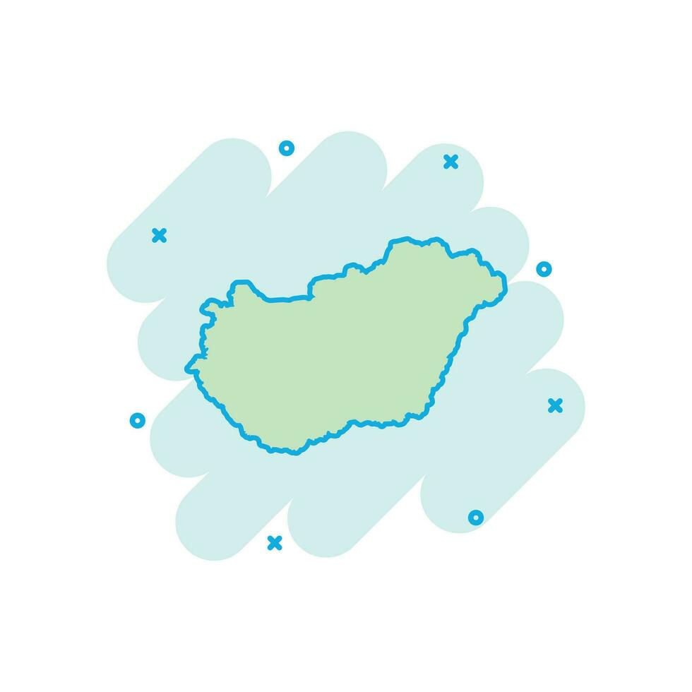 Vector cartoon Hungary map icon in comic style. Hungary sign illustration pictogram. Cartography map business splash effect concept.