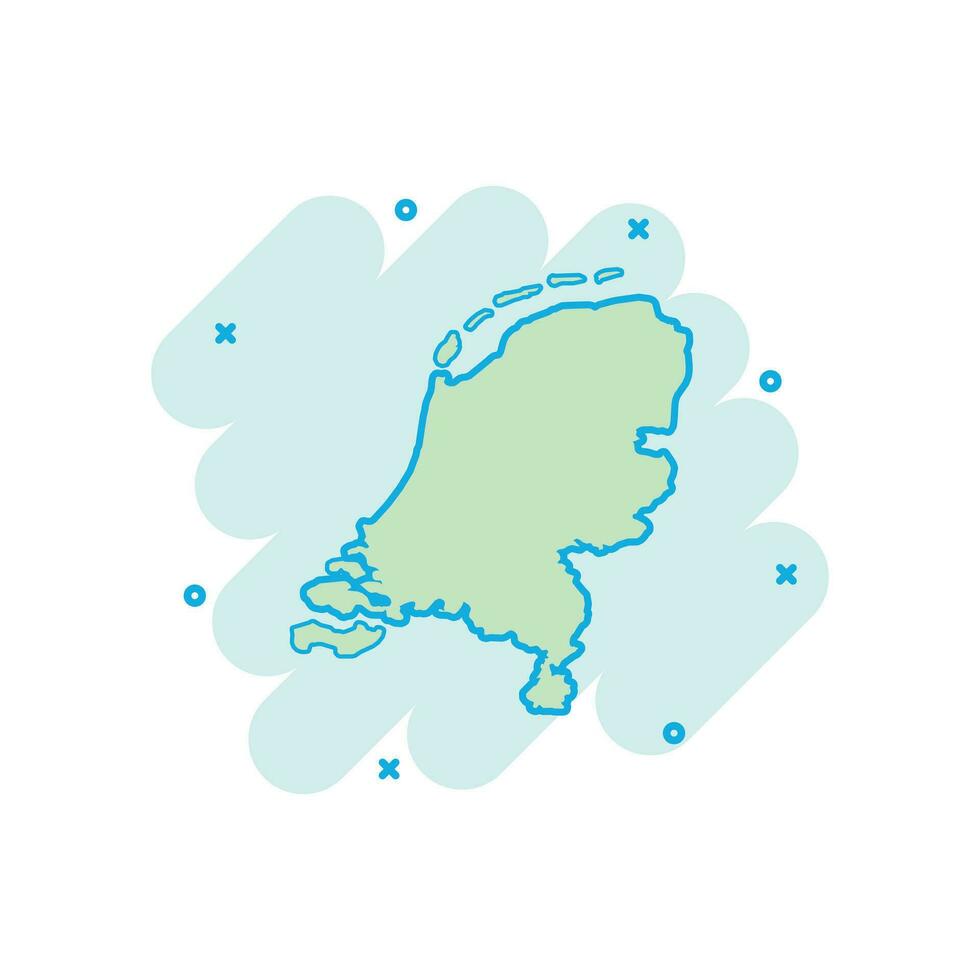 Vector cartoon Netherlands map icon in comic style. Netherlands sign illustration pictogram. Cartography map business splash effect concept.