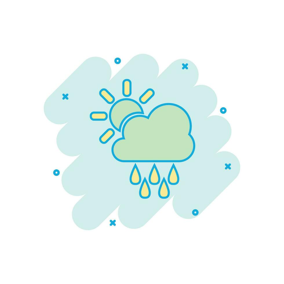Vector cartoon weather forecast icon in comic style. Sun with clouds concept illustration pictogram. Cloud with rain business splash effect concept.