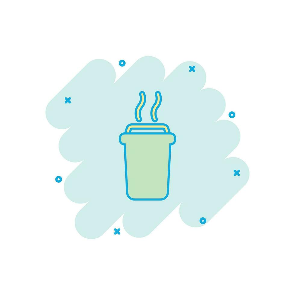 icono de taza de café de dibujos animados de vector en estilo cómico. pictograma de ilustración de signo de taza de té. concepto de efecto de salpicadura de negocio de café.