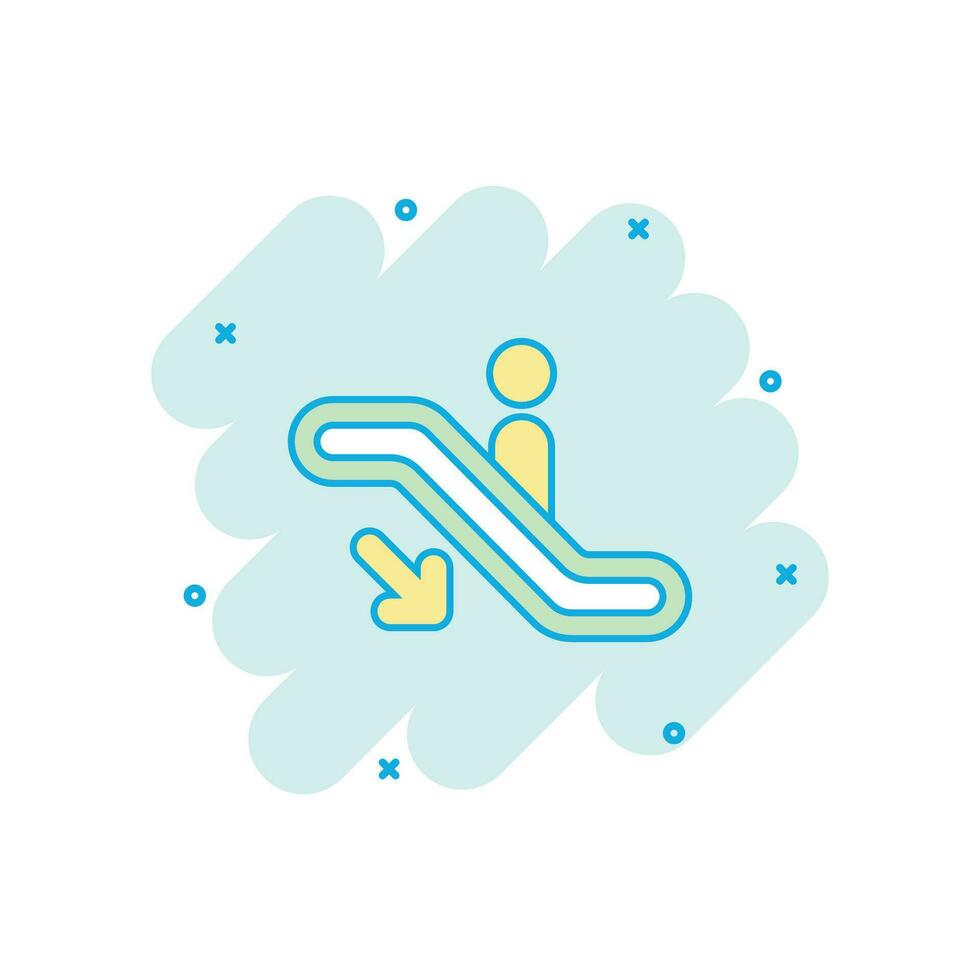 Vector cartoon escalator elevator icon in comic style. Escalator sign illustration pictogram. Elevator business splash effect concept.