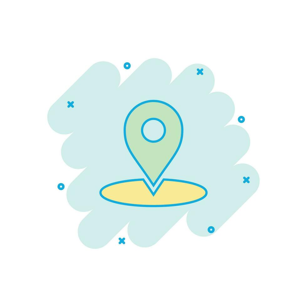 Vector cartoon map pointer icon in comic style. Gps navigation mark illustration pictogram. Pointer destination business splash effect concept.