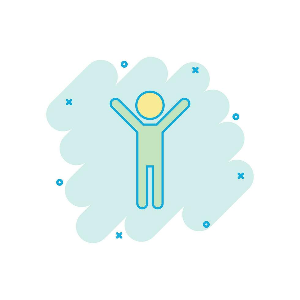 Vector cartoon happy man with hands up icon in comic style. People happy sign illustration pictogram. Man business splash effect concept.