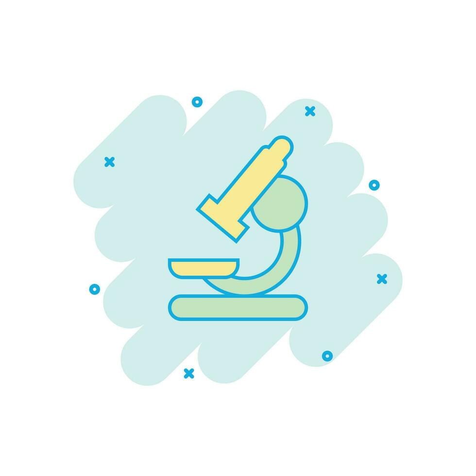 Vector cartoon microscope lab icon in comic style. Microscope sign illustration pictogram. Chemistry discovery business splash effect concept.