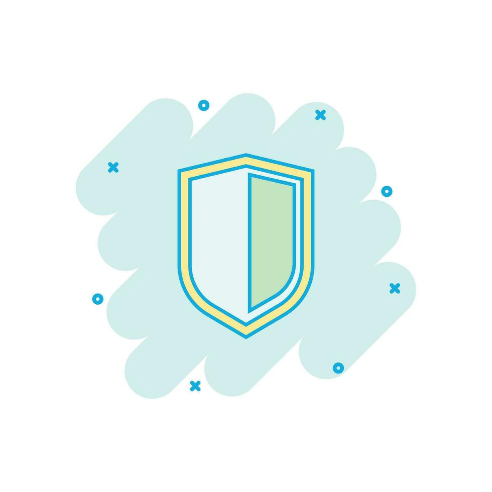 Vector cartoon shield protect icon in comic style. Defence sign illustration pictogram. Protection business splash effect concept.