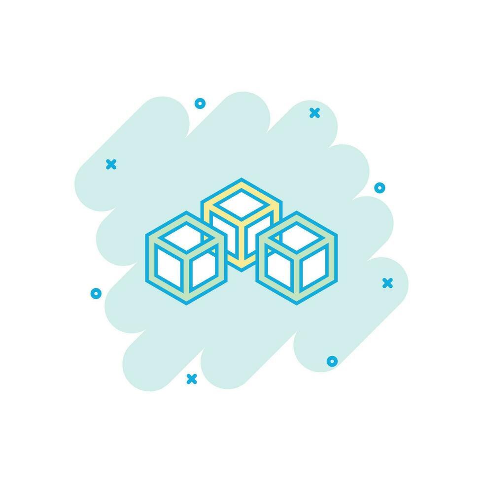 Vector cartoon blockchain technology icon in comic style. Cryptography cube block concept illustration pictogram. Blockchain algorithm business splash effect concept.