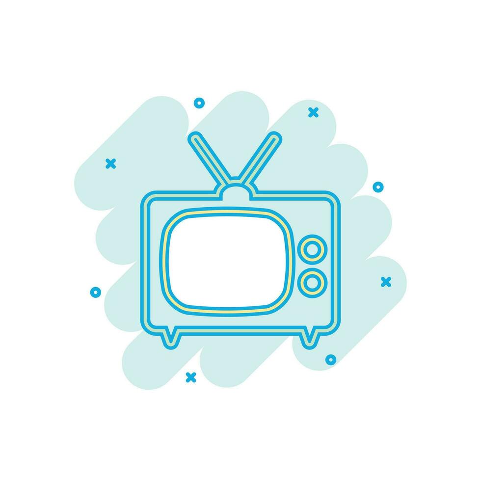 Cartoon colored tv icon in comic style. Television illustration pictogram. Tv sign splash business concept. vector