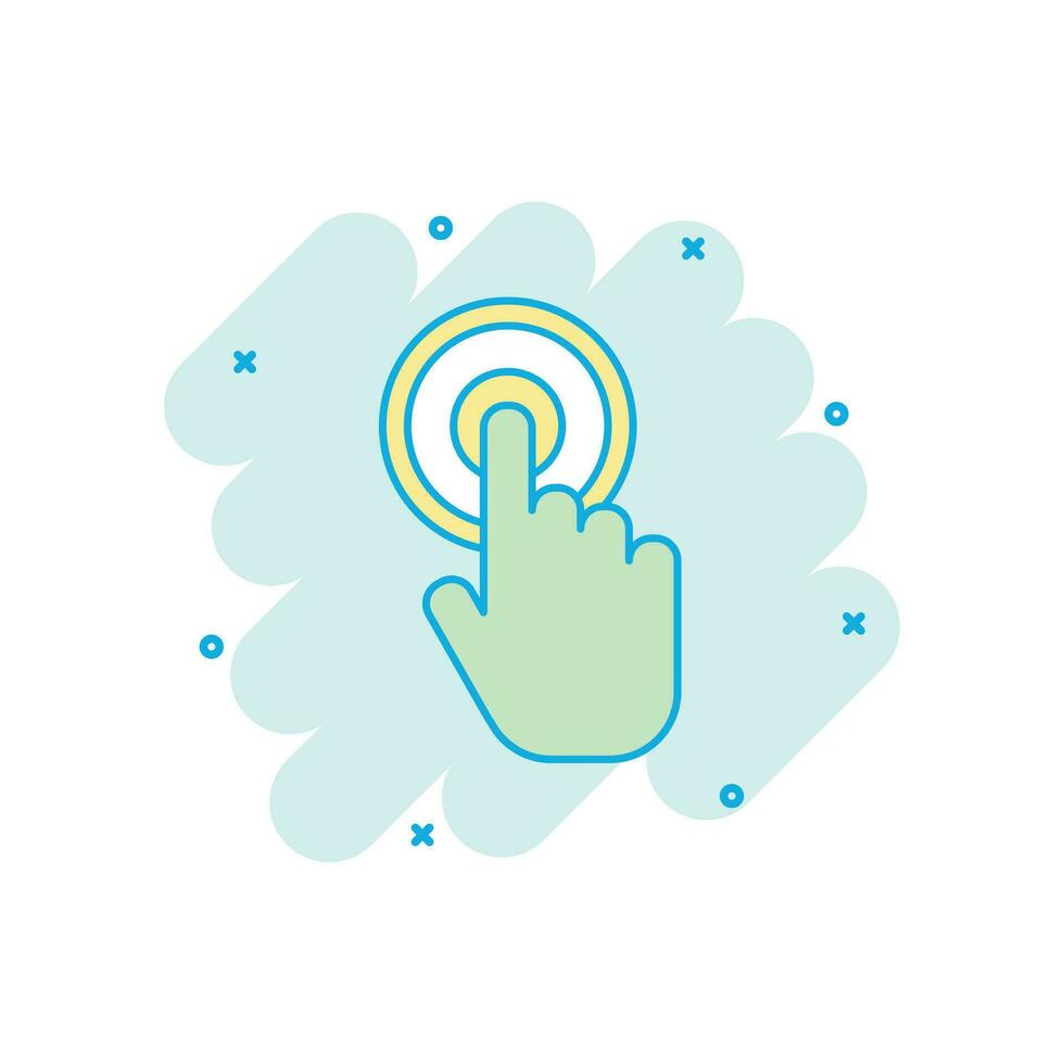 Cartoon colored click hand icon in comic style. Cursor finger illustration pictogram. Pointer sign splash business concept. vector