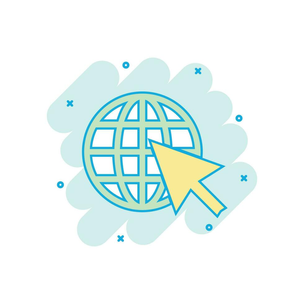 Cartoon colored go to web icon in comic style. Globe world illustration pictogram. WWW url sign splash business concept. vector