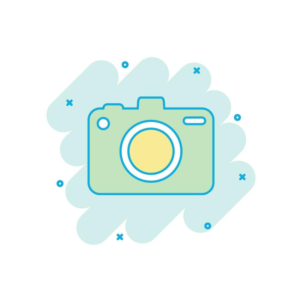 Cartoon colored photo camera icon in comic style. Photographer cam illustration pictogram. Camera sign splash business concept. vector