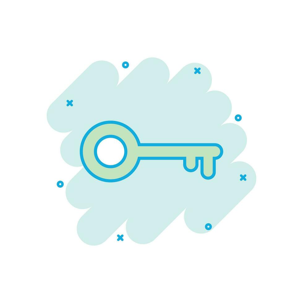 Cartoon colored key icon in comic style. Unlock illustration pictogram. Key sign splash business concept. vector