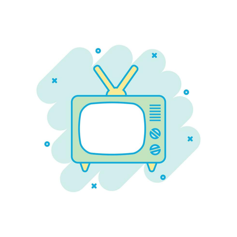 Cartoon colored tv icon in comic style. Television illustration pictogram. Tv sign splash business concept. vector