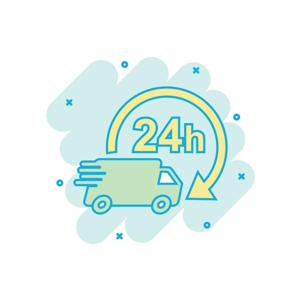 Cartoon colored delivery truck 24h icon in comic style. 24 hours fast delivery service shipping illustration pictogram. Car sign splash business concept. vector