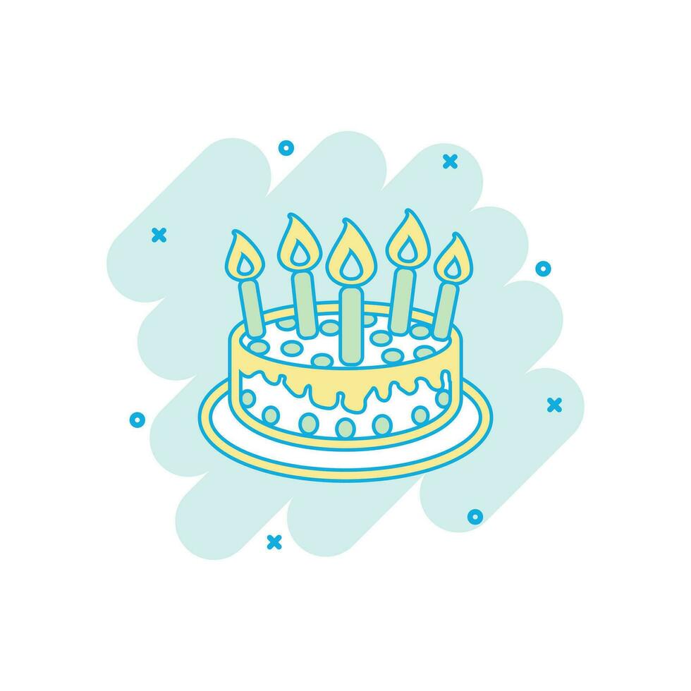 Cartoon colored cake with candle icon in comic style. Pie illustration pictogram. Cake sign splash business concept. vector