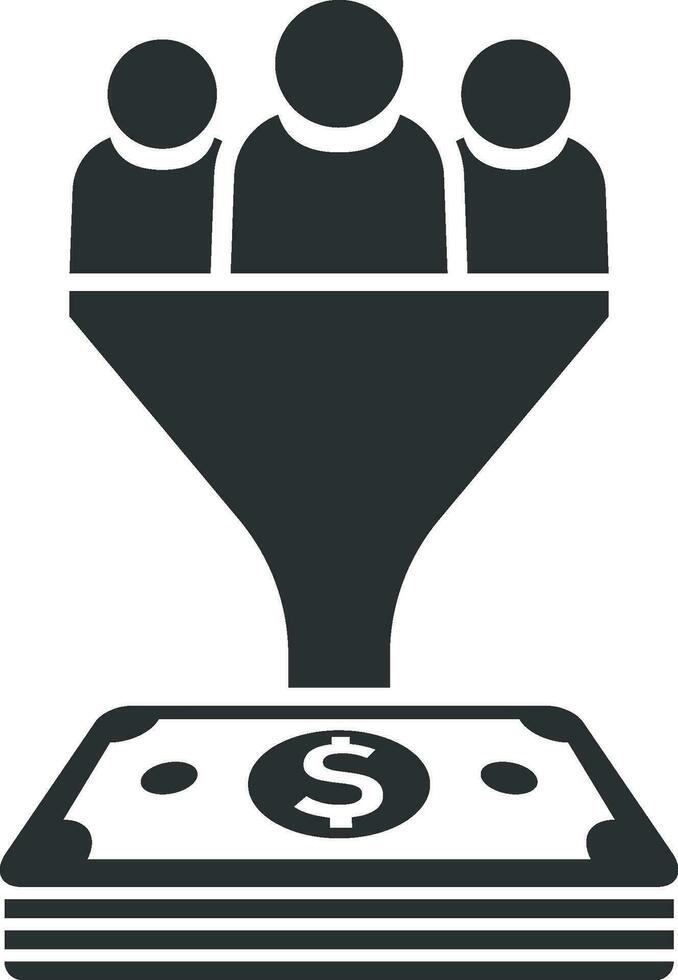 dirigir administración icono en plano estilo. embudo con gente, dinero vector ilustración en blanco aislado antecedentes. objetivo cliente negocio concepto.