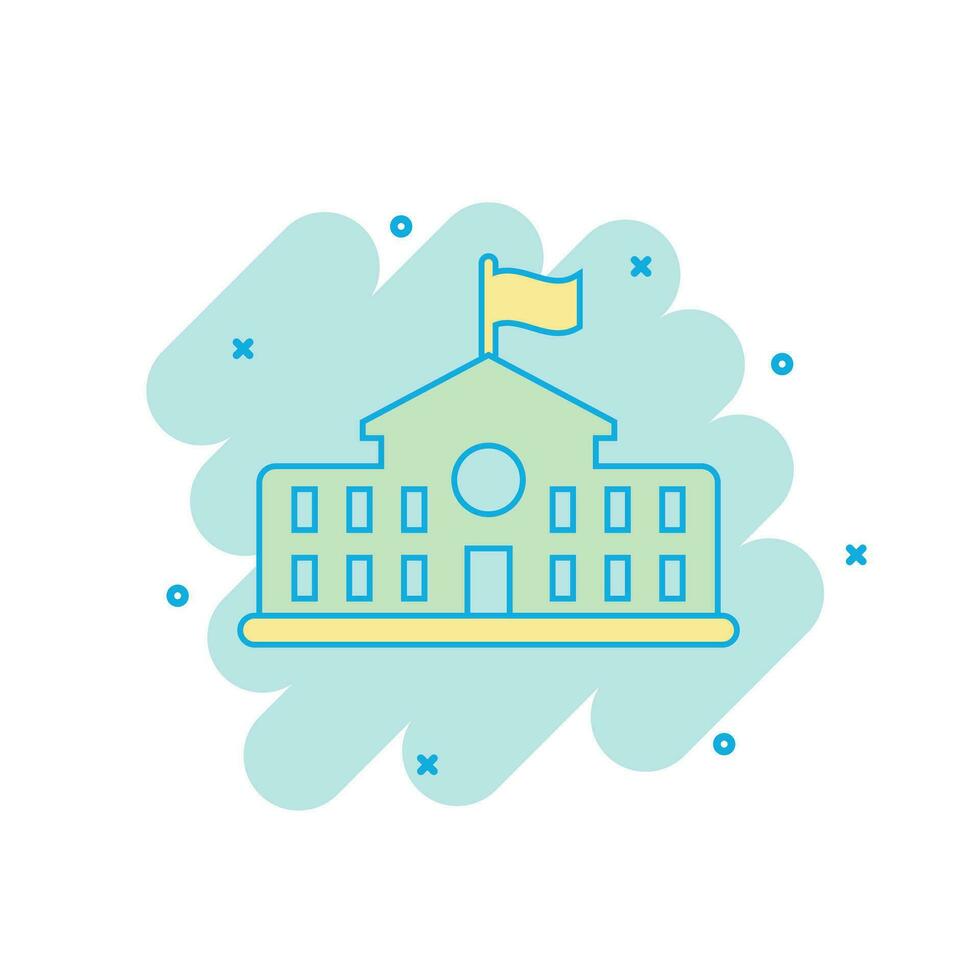 Cartoon colored school building icon in comic style. College education illustration pictogram. Bank, government splash business concept. vector