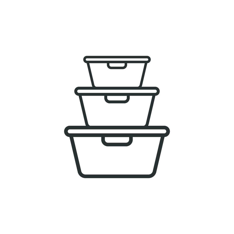 Food container icon in flat style. Kitchen bowl vector illustration on white isolated background. Plastic container box business concept.