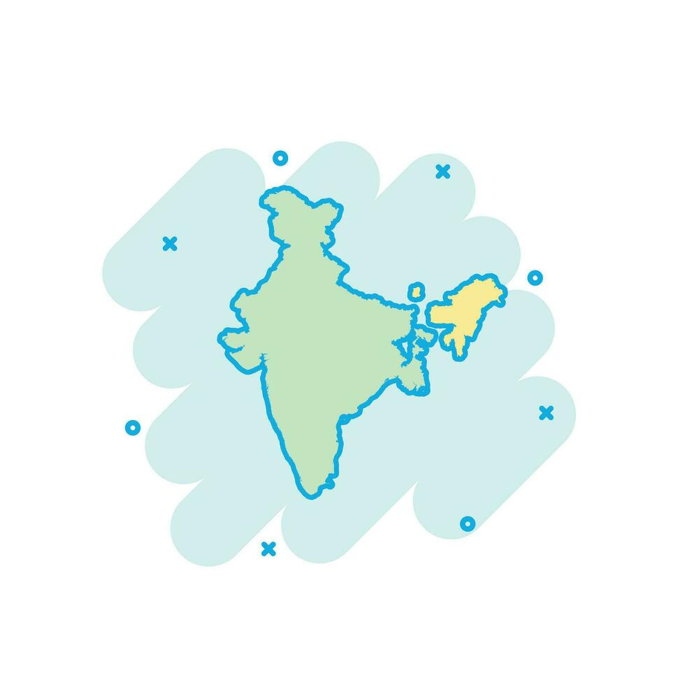 icono de mapa de india de color de dibujos animados en estilo cómico. pictograma de ilustración de signo de india. concepto de negocio de salpicaduras de geografía del país. vector