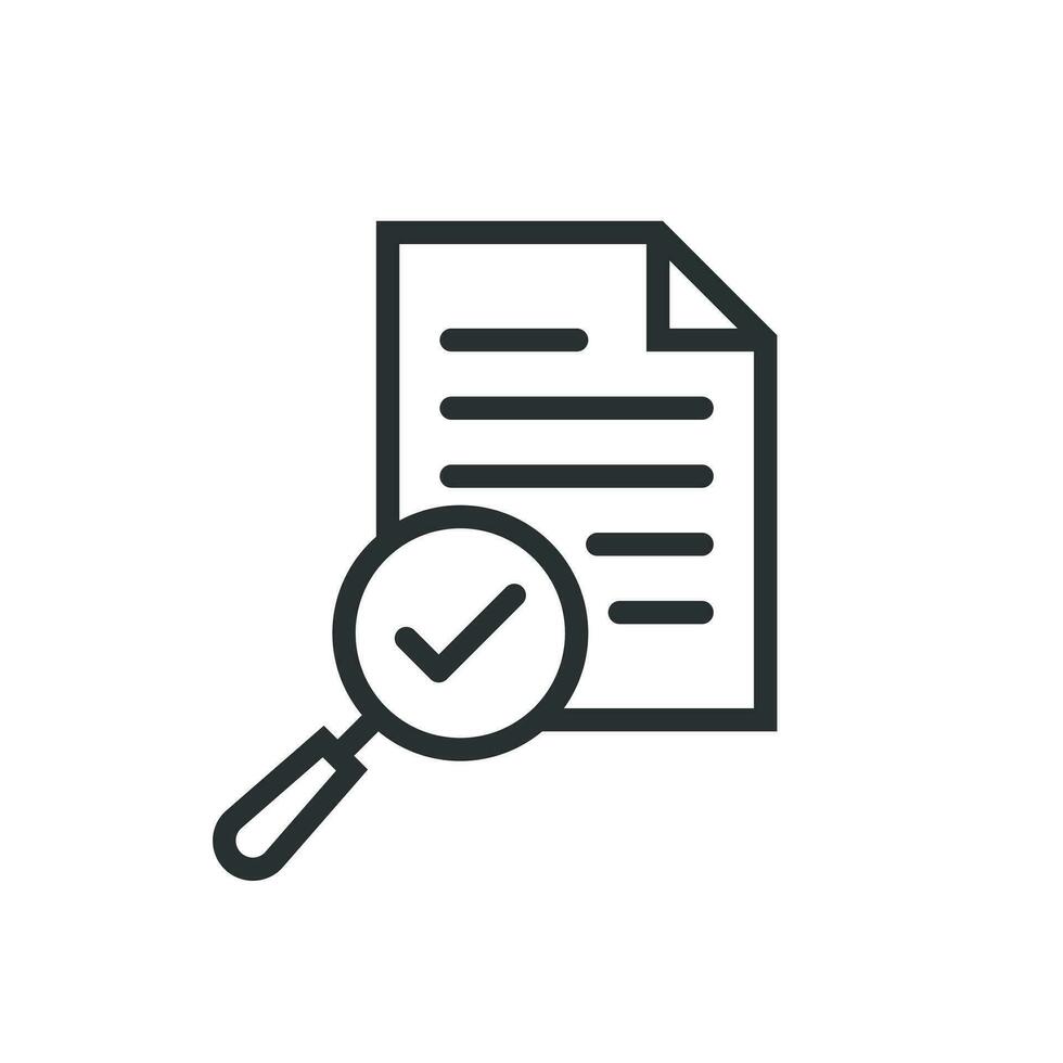 Scrutiny document plan icon in flat style. Review statement vector illustration on white isolated background. Document with magnifier loupe business concept.