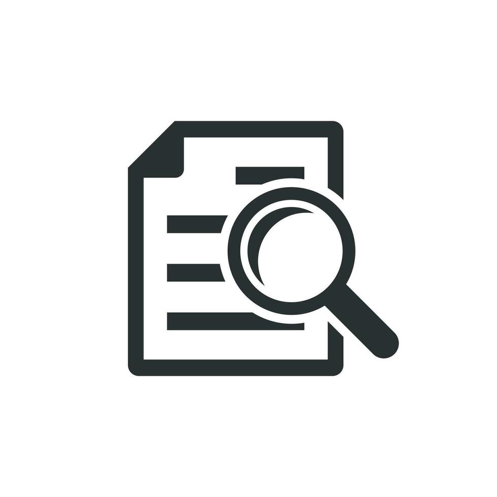 Scrutiny document plan icon in flat style. Review statement vector illustration on white isolated background. Document with magnifier loupe business concept.