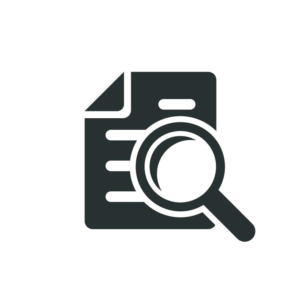 Scrutiny document plan icon in flat style. Review statement vector illustration on white isolated background. Document with magnifier loupe business concept.