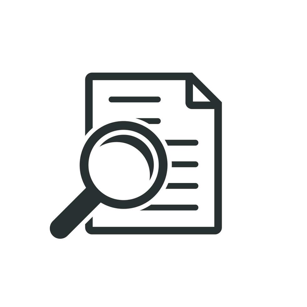 Scrutiny document plan icon in flat style. Review statement vector illustration on white isolated background. Document with magnifier loupe business concept.