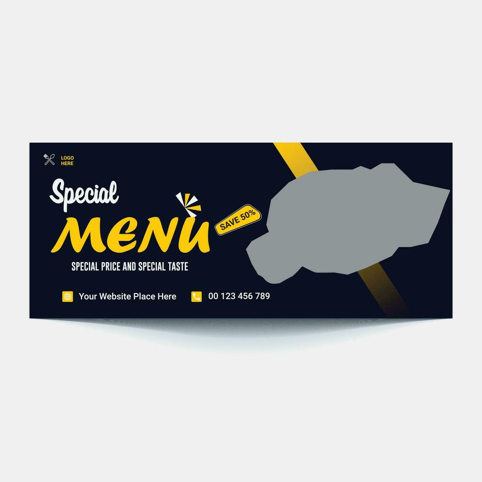Restaurant food menu social media marketing web banner. Pizza, burger or hamburger online sale promotion video thumbnail. Fast food website background. Food flyer with logo and business icon. vector