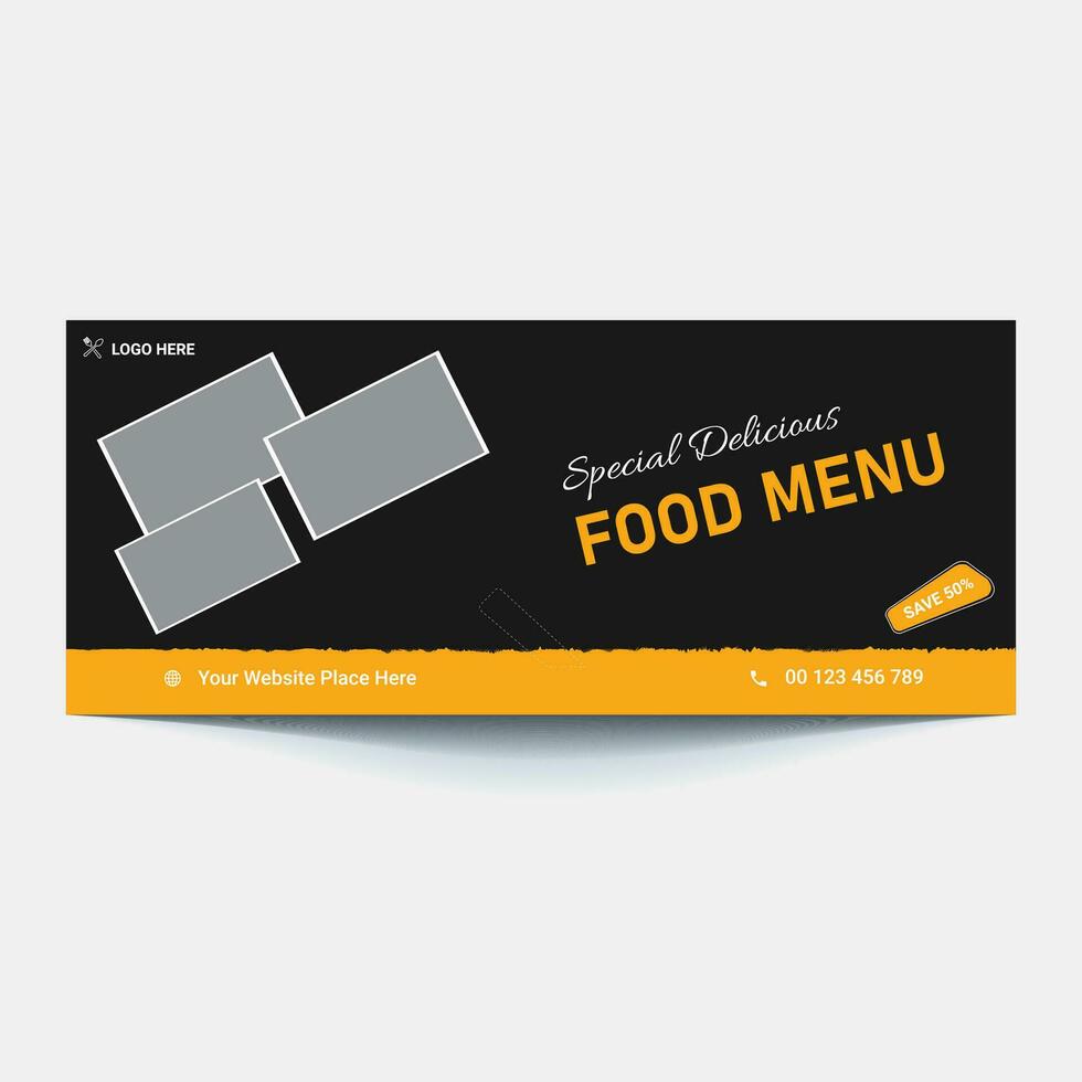 Restaurant food menu social media marketing web banner. Pizza, burger or hamburger online sale promotion video thumbnail. Fast food website background. Food flyer with logo and business icon. vector