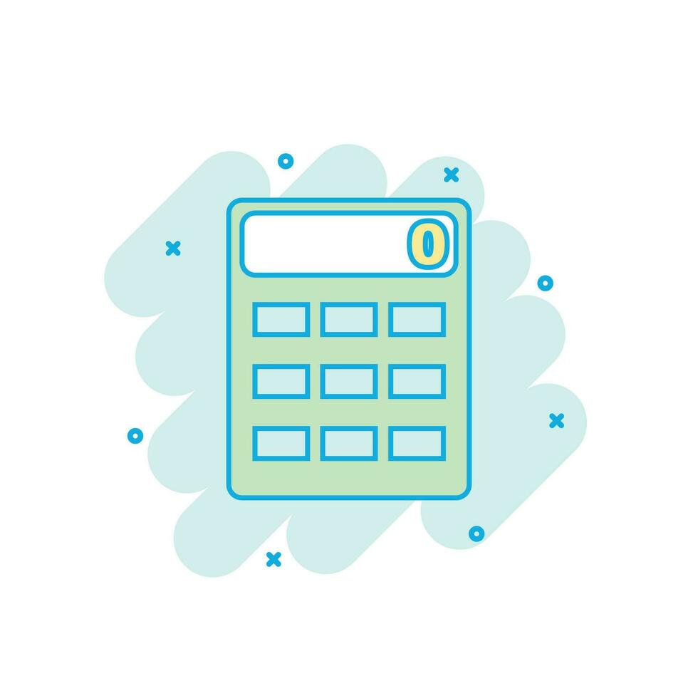 Cartoon colored calculator icon in comic style. Calculate sign illustration pictogram. Calculator splash business concept. vector