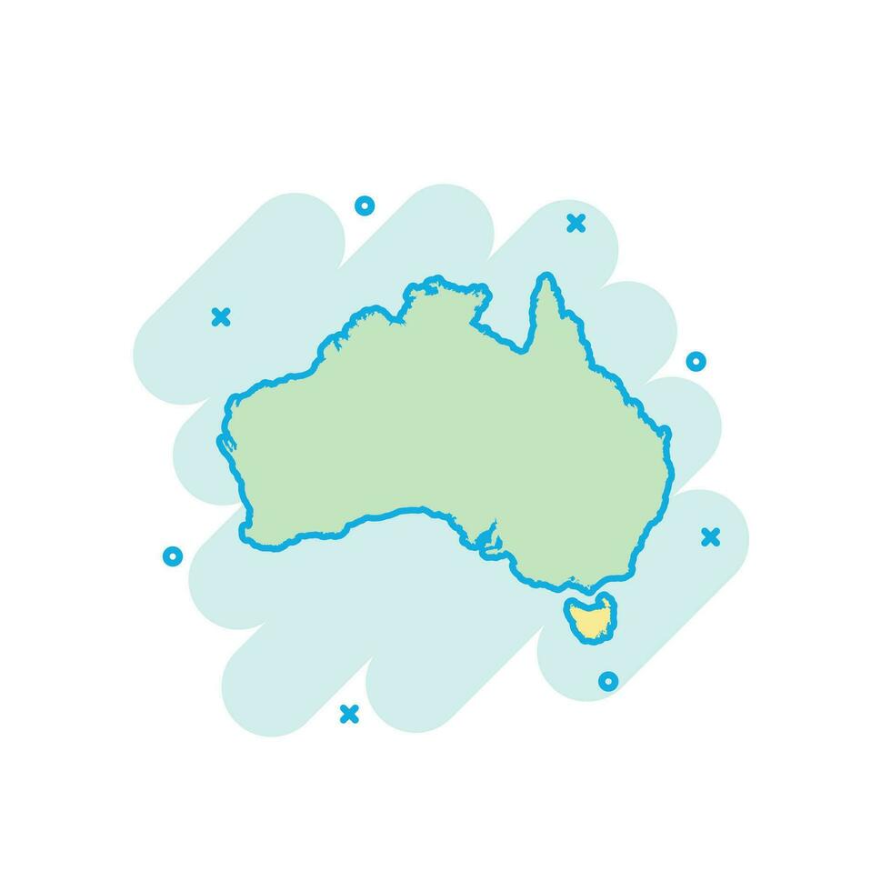 icono de mapa de australia de color de dibujos animados en estilo cómico. pictograma de ilustración de signo de Australia. concepto de negocio de salpicaduras de geografía del país. vector