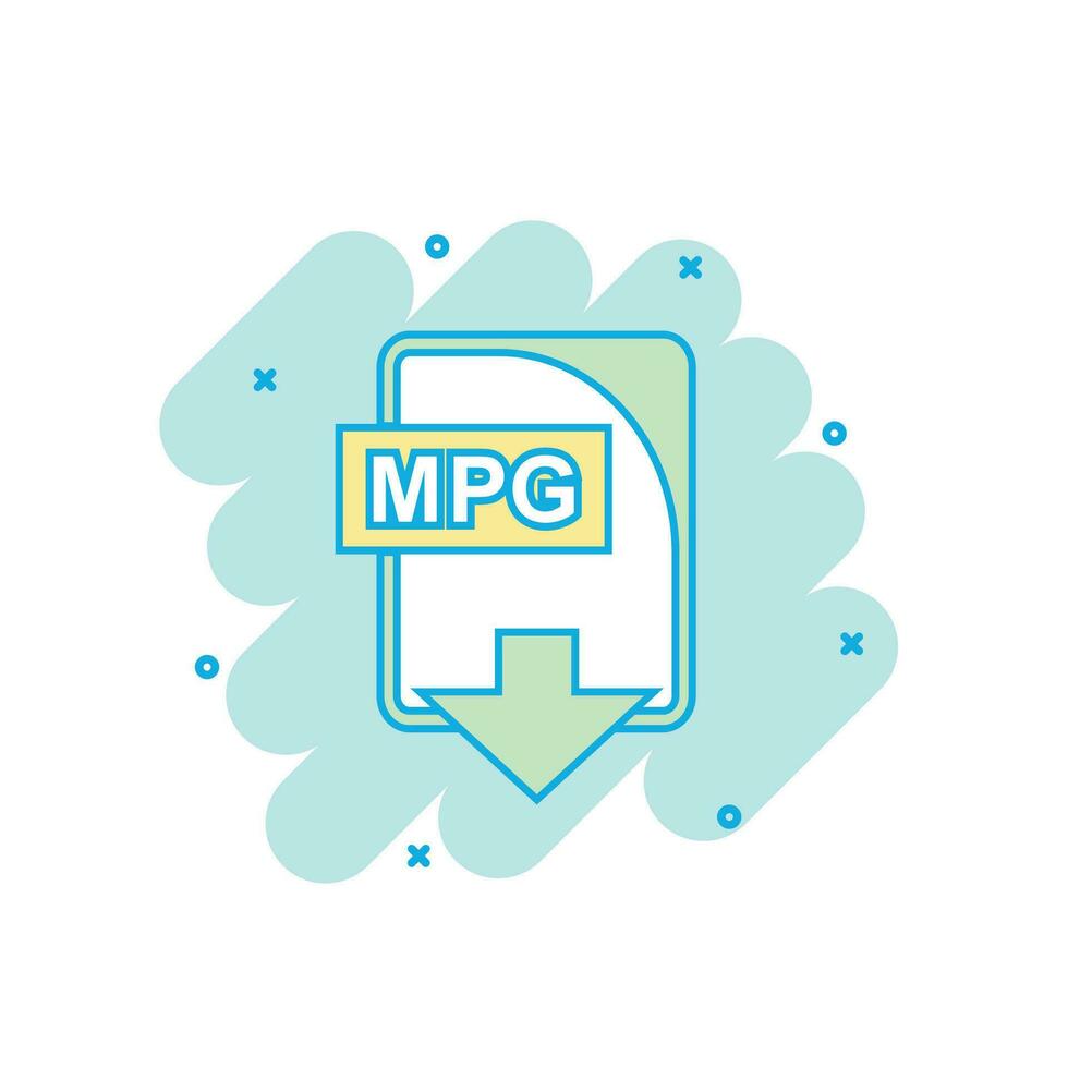 Cartoon colored MPG file icon in comic style. Mpg download illustration pictogram. Document splash business concept. vector