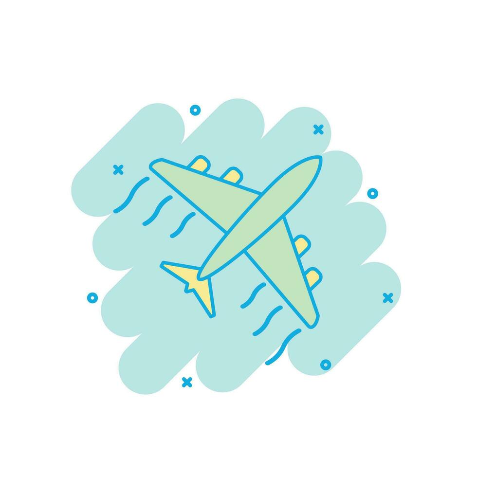 Cartoon colored airplane icon in comic style. Plane illustration pictogram. Aircraft splash business concept. vector
