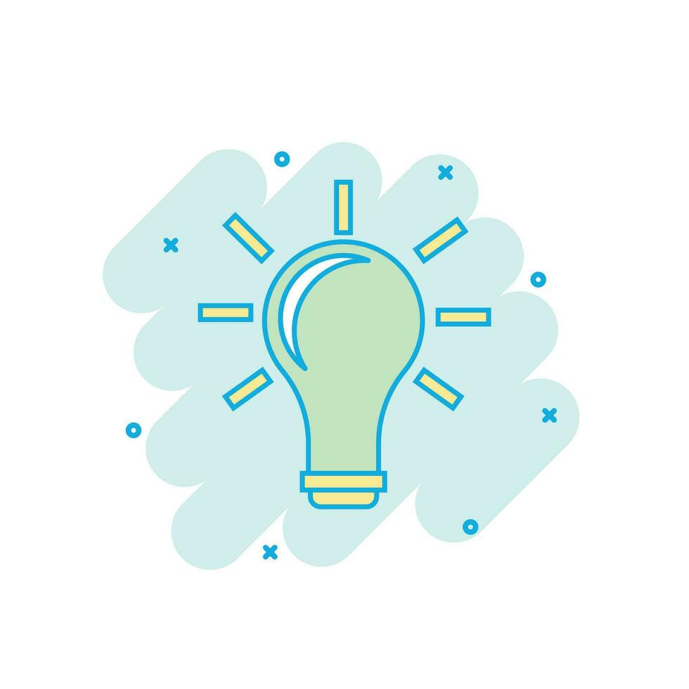 Cartoon colored light bulb icon in comic style. Bulb idea sign illustration pictogram. Lamp splash business concept. vector