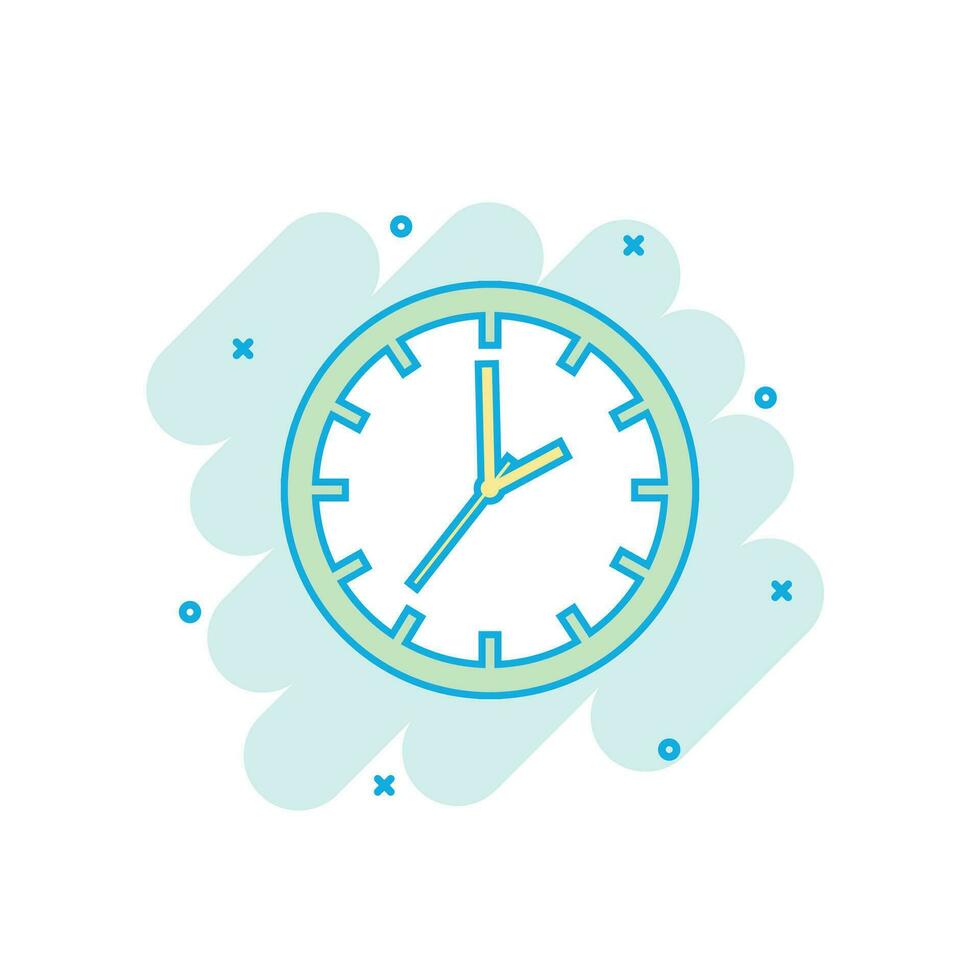 Cartoon colored clock timer icon in comic style. Time sign illustration pictogram. Watch splash business concept. vector