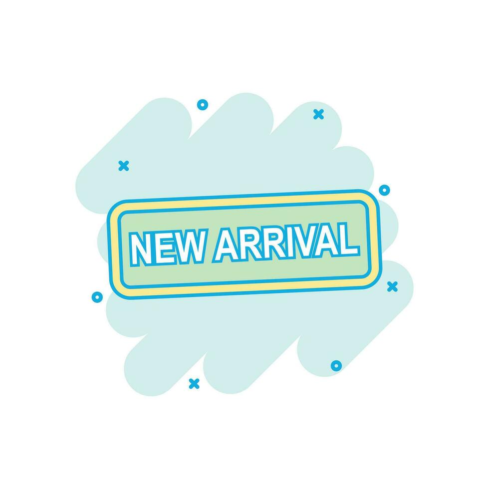 Cartoon colored new arrival icon in comic style. Sell illustration pictogram. New arrival sign splash business concept. vector
