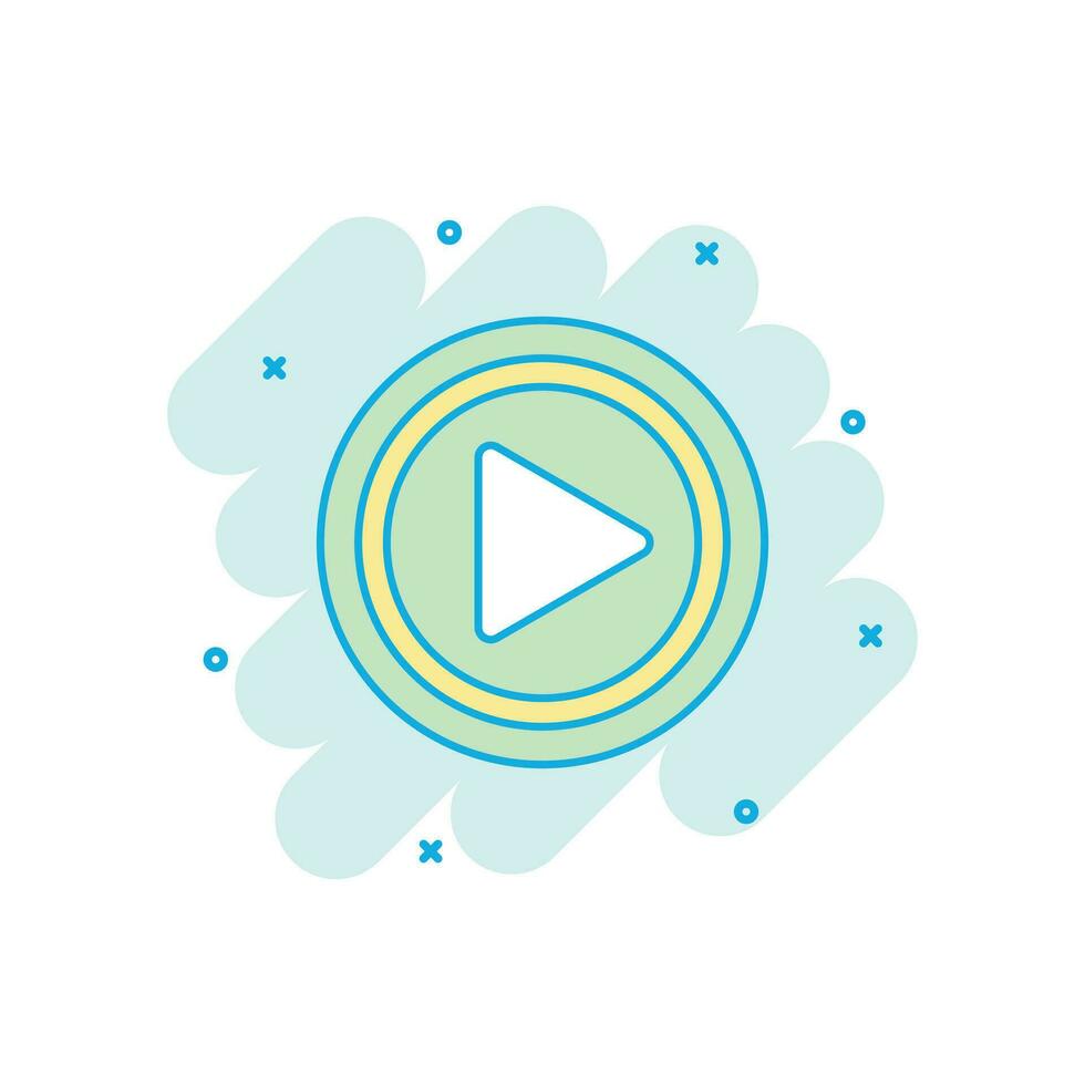 Cartoon colored play button icon in comic style. Play sign illustration pictogram. Click splash business concept. vector