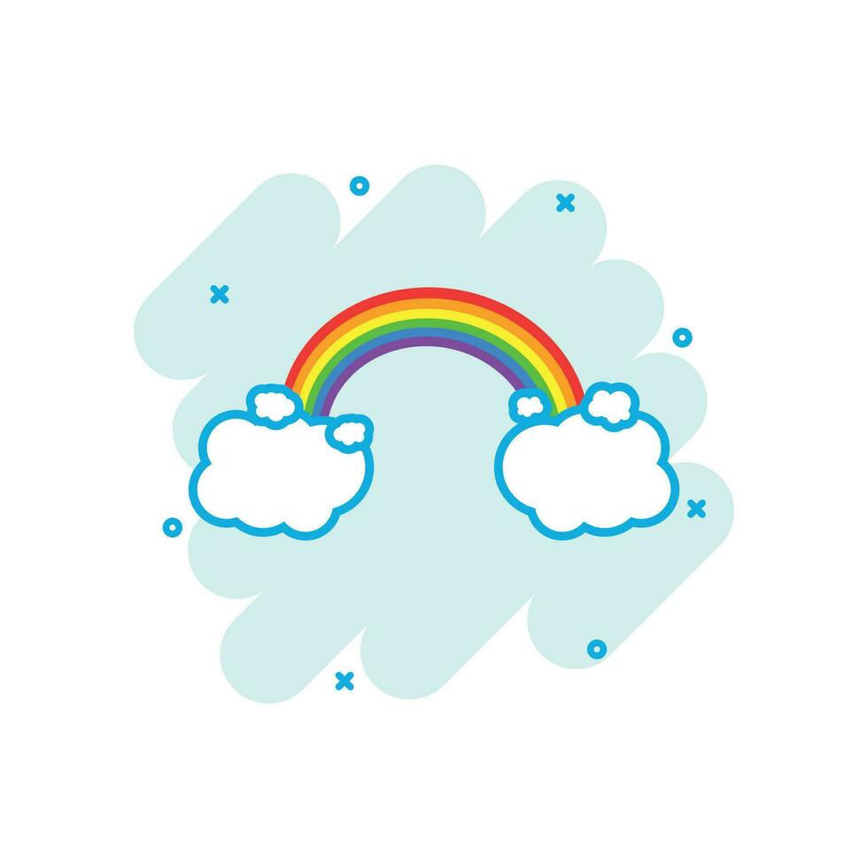 Cartoon colored rainbow with clouds icon in comic style. Weather illustration pictogram. Rainbow sign splash business concept. vector
