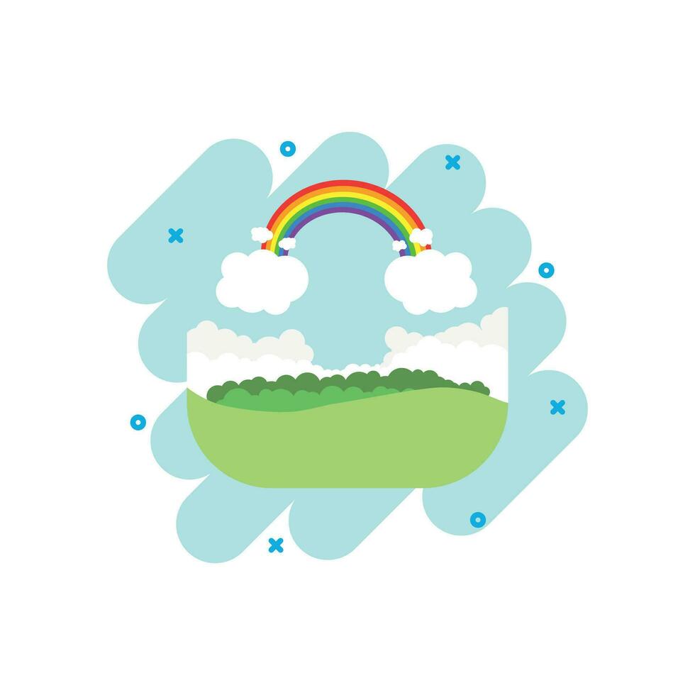 Cartoon colored rainbow with clouds icon in comic style. Weather illustration pictogram. Rainbow sign splash business concept. vector